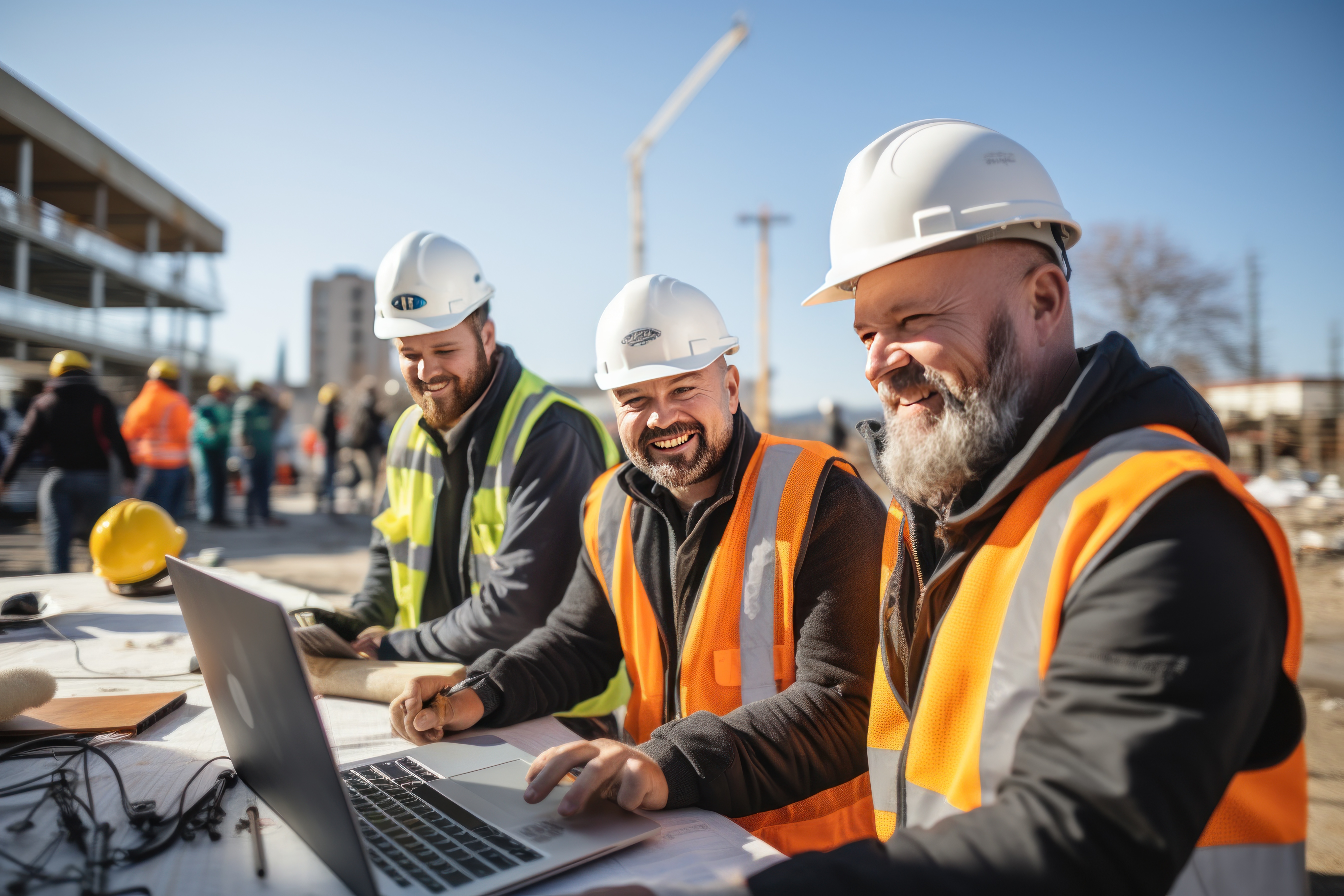 Team of engineers working on laptop at construction site